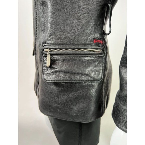 Vintage Guess Leather Jacket sz S Black Motorcycle Asymmetrical Zip Pockets Line - Picture 2 of 16